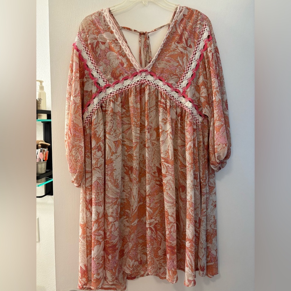 Umgee Pink Crochet Trim V Neck Dress In Size Medium